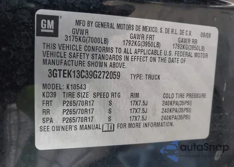 2009 GMC Sierra K1500/K1500 Sl z USA, uszkodzony, nr VIN 3GTEK13C39G272059